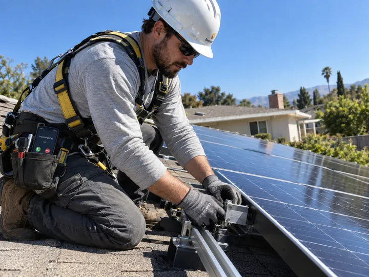 Solar installer unable to answer phone while fitting panels on a rooftop
