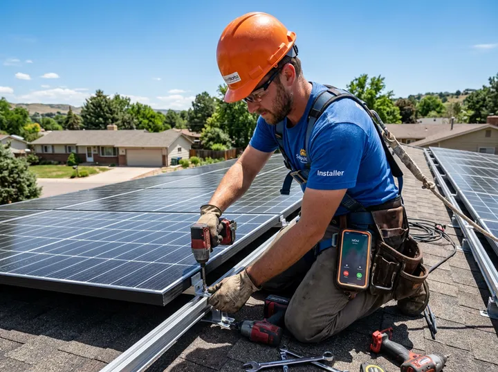 Solar installer unable to answer phone while fitting panels on a rooftop