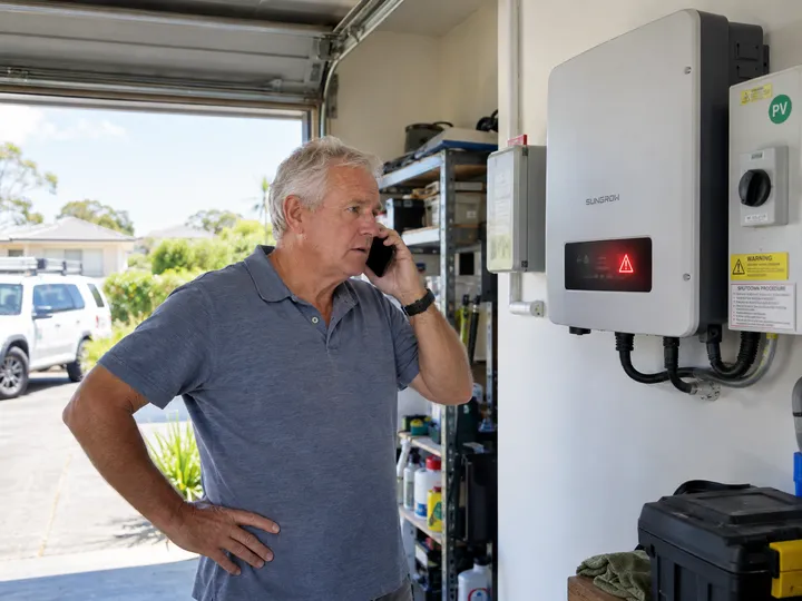 Homeowner reporting solar inverter fault requiring urgent repair