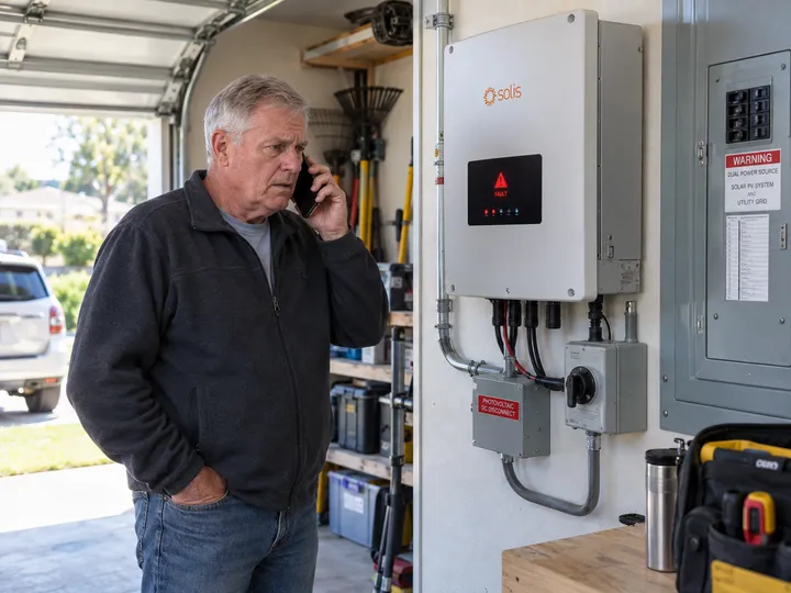 Homeowner reporting solar inverter fault requiring urgent repair