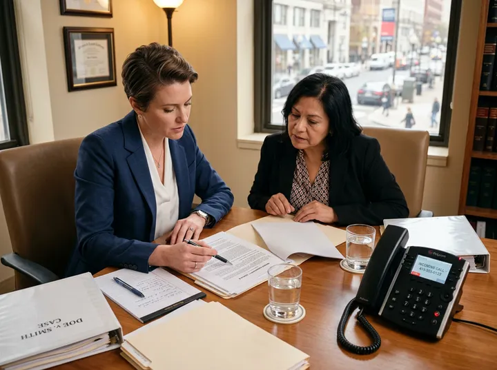 Attorney in client meeting while AI receptionist handles real estate closing update call