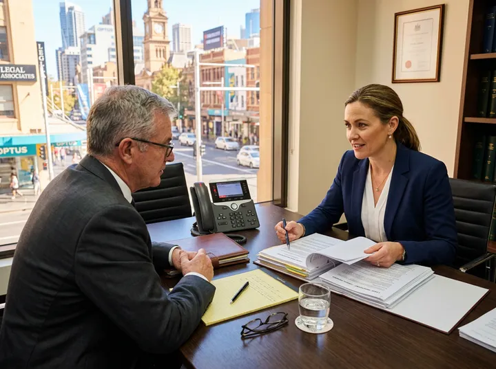 Lawyer in client conference while AI receptionist handles conveyancing update call