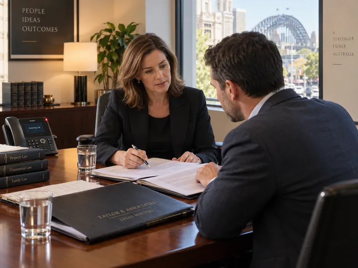 Lawyer in client conference while AI receptionist handles conveyancing update call