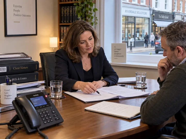 Solicitor in client meeting while AI receptionist handles conveyancing update call