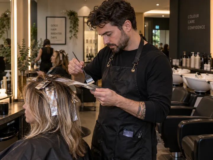Hairstylist applying colour while AI handles incoming booking call