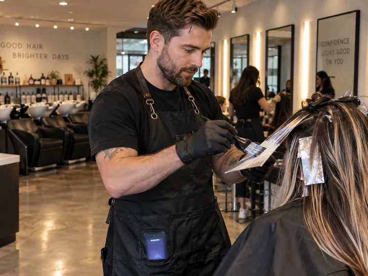 Hairstylist applying colour while AI handles incoming booking call