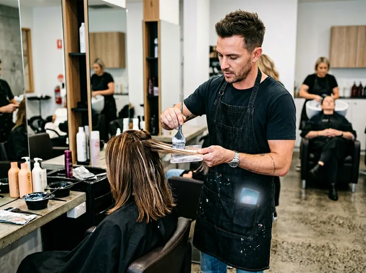Hairstylist applying colour while AI handles incoming booking call