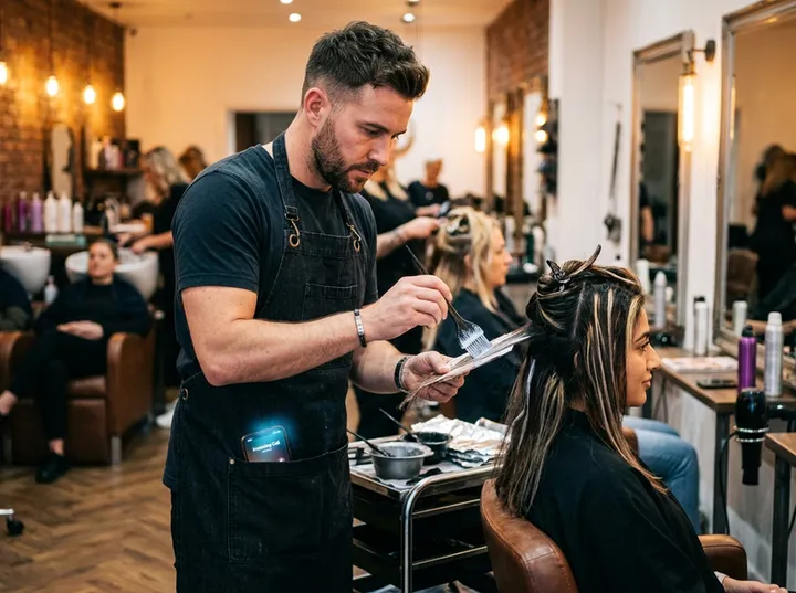 Hairstylist applying colour while AI handles incoming booking call