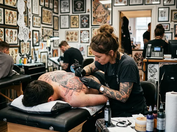 Tattoo artist mid-session while AI handles studio phone calls