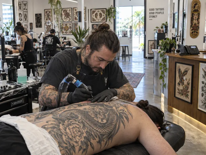 Tattoo artist mid-session while AI handles studio phone calls