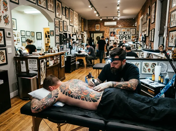 Tattoo artist mid-session while AI handles shop phone calls