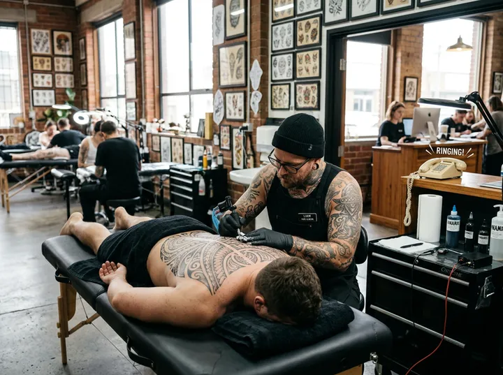Tattoo artist mid-session while AI handles studio phone calls