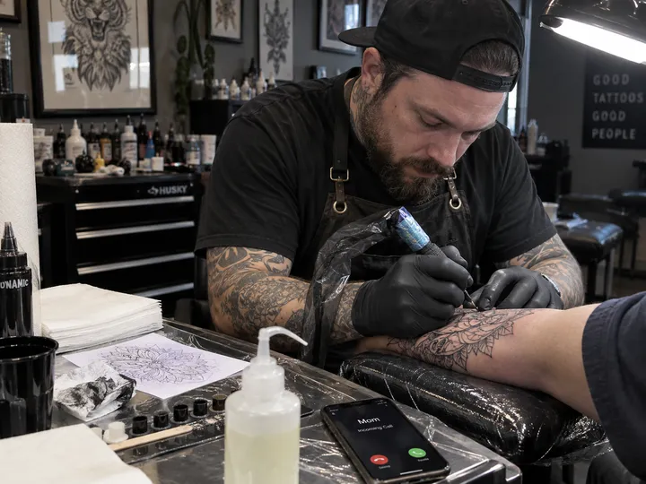 Tattoo artist unable to answer phone during tattooing session