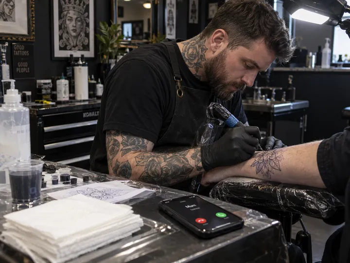 Tattoo artist unable to answer phone during tattooing session