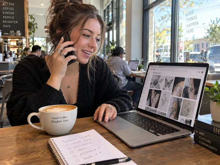 Client calling tattoo shop to book a custom tattoo consultation