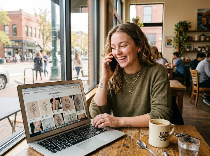 Client calling tattoo shop to book a custom tattoo consultation