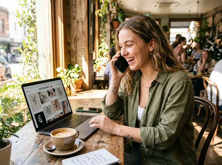 Client calling tattoo studio to book a custom tattoo consultation