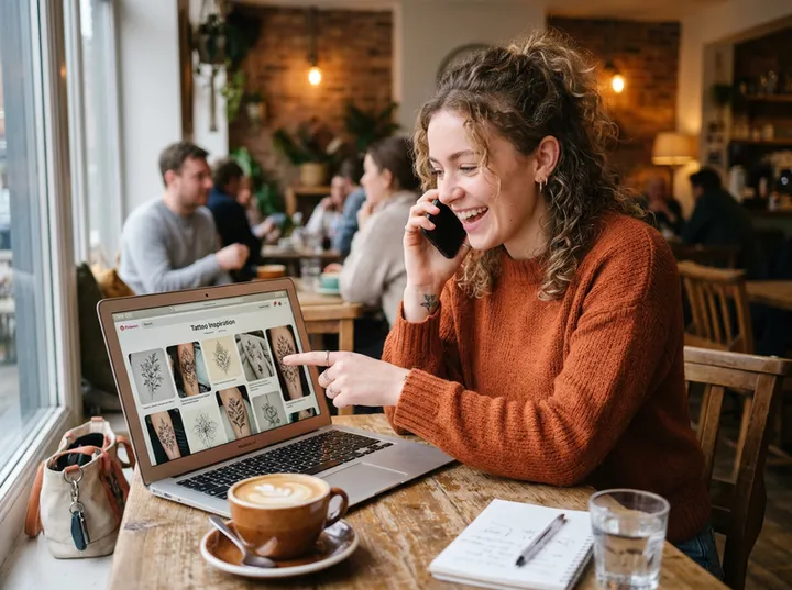 Client calling tattoo studio to book a custom tattoo consultation