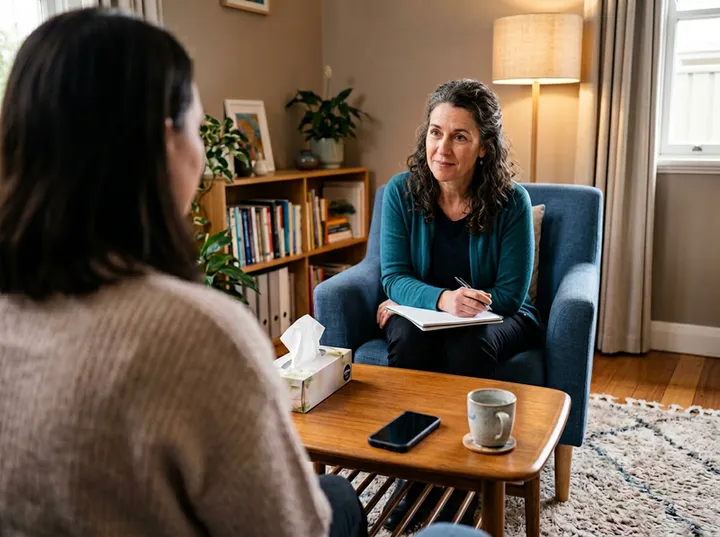 Psychologist in session while AI receptionist handles incoming call