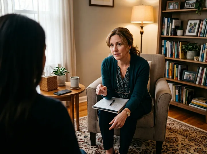 Therapist in session while AI receptionist handles insurance inquiry