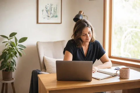 A therapist checking their schedule on a laptop between client sessions.