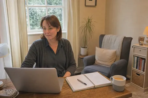A therapist checking their schedule on a laptop between client sessions.