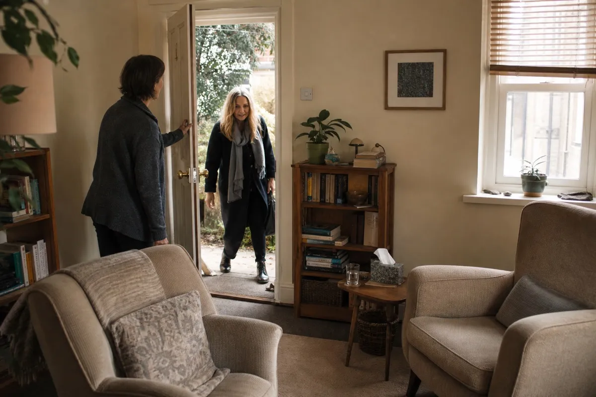 A therapist welcoming a client into a warm consulting room.