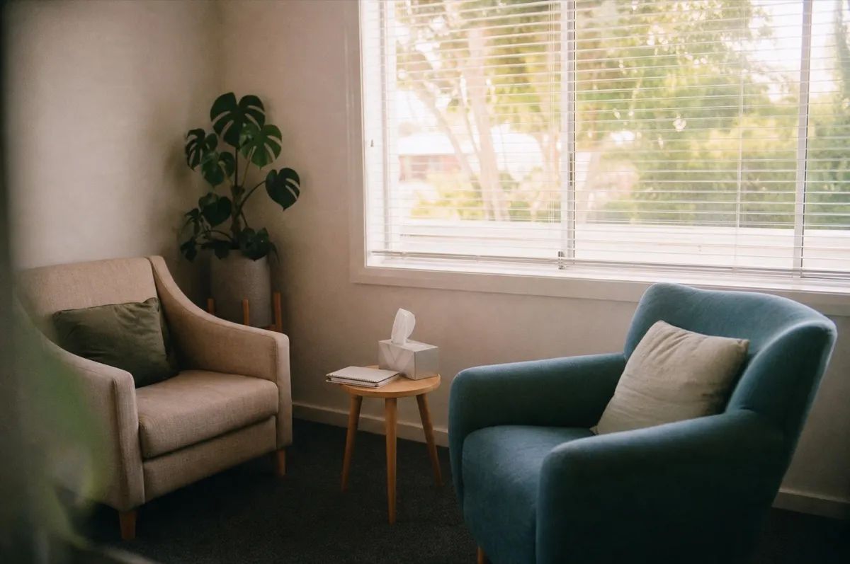 A calm private therapy room with two armchairs and soft daylight.