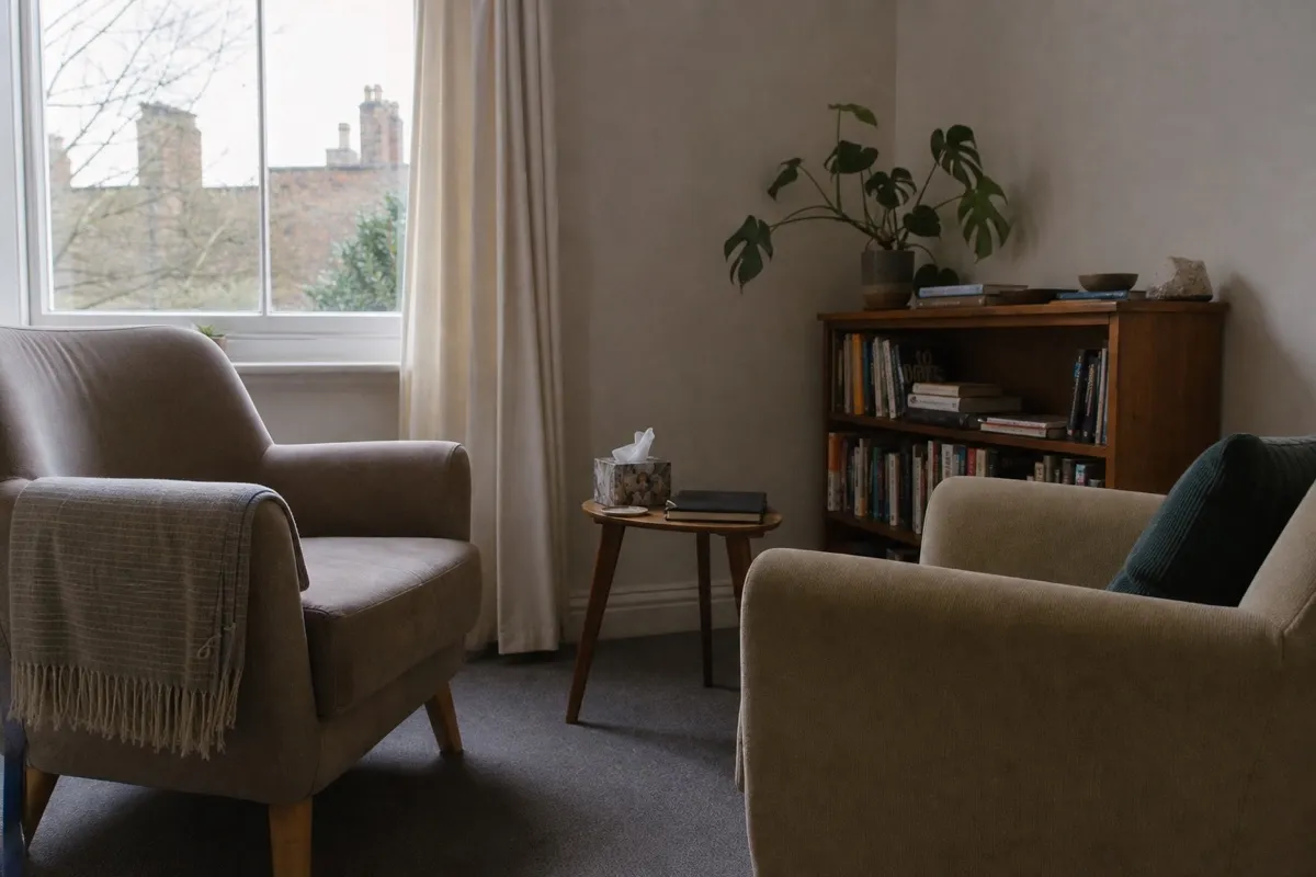 A calm private therapy room with two armchairs and soft daylight.