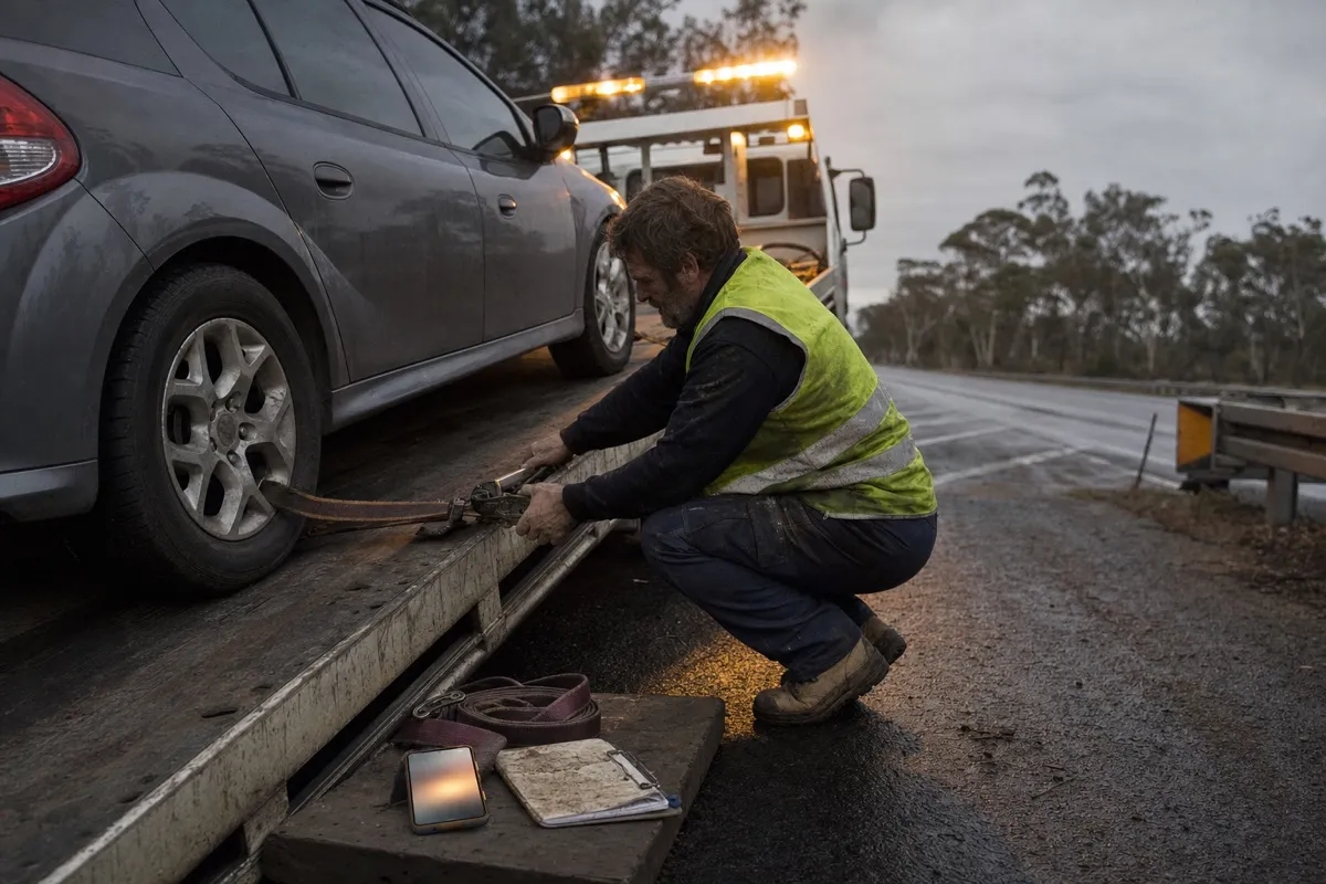 A recovery driver straps a broken-down car onto a flatbed tow truck at the roadside while his phone lights up unanswered on the truck step