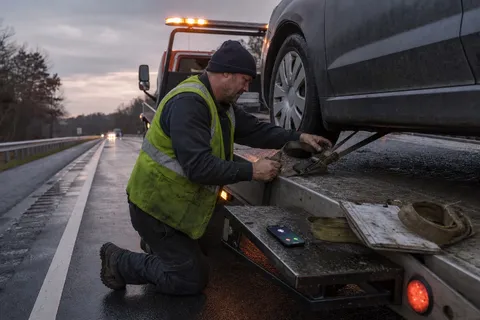 A recovery driver straps a broken-down car onto a flatbed tow truck at the roadside while his phone lights up unanswered on the truck step