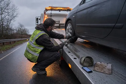 A recovery driver straps a broken-down car onto a flatbed tow truck at the roadside while his phone lights up unanswered on the truck step