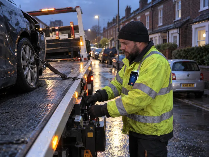 Tow truck operator on recovery while AI answers incoming calls