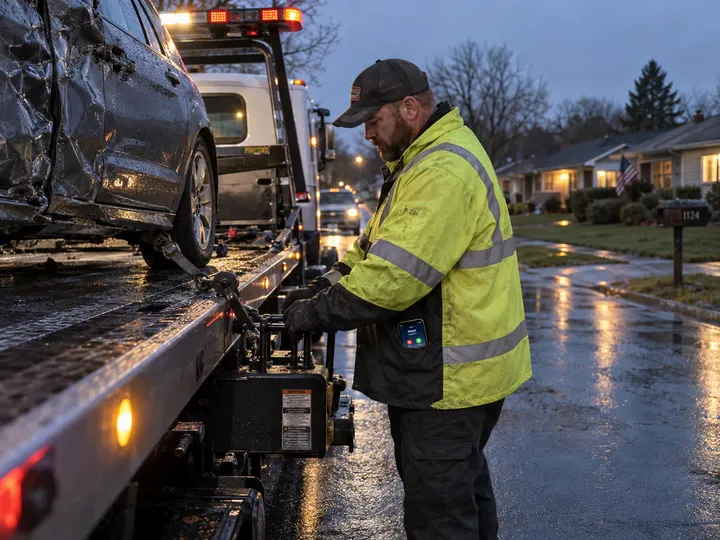 Tow truck operator on recovery while AI answers incoming calls