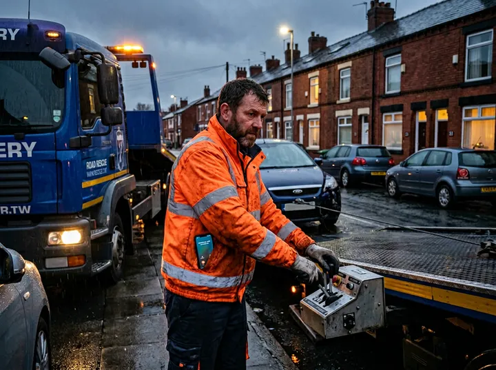 Tow truck operator on recovery while AI answers incoming calls