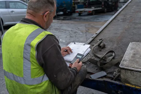 A recovery truck operator sits on the flatbed of his tow truck working out the day's takings on a clipboard with a calculator.