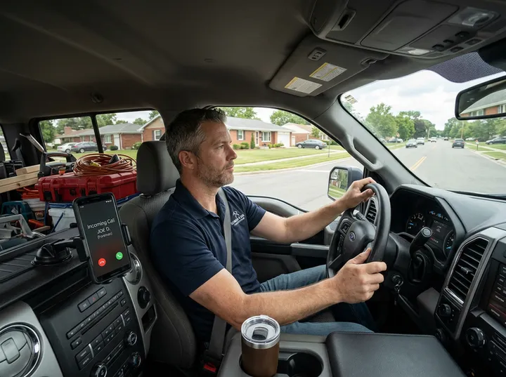 Contractor driving between jobs while AI answers incoming call