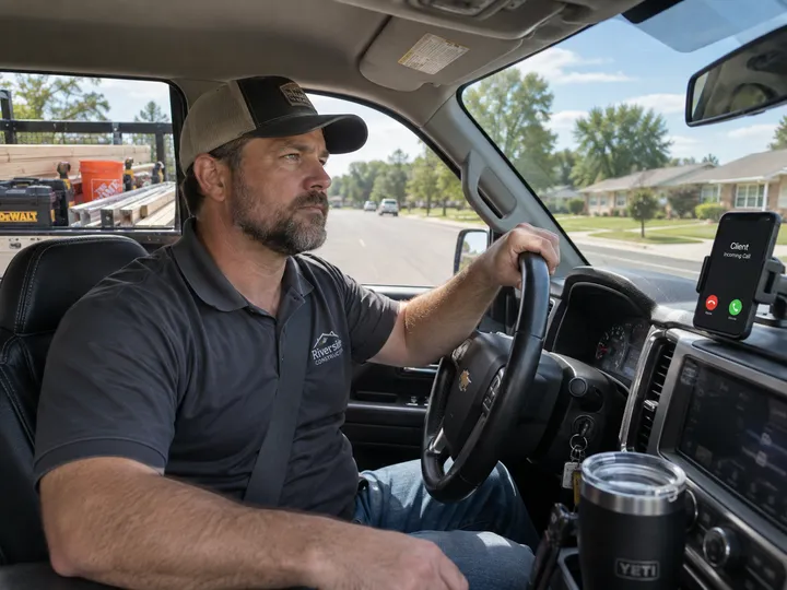 Contractor driving between jobs while AI answers incoming call