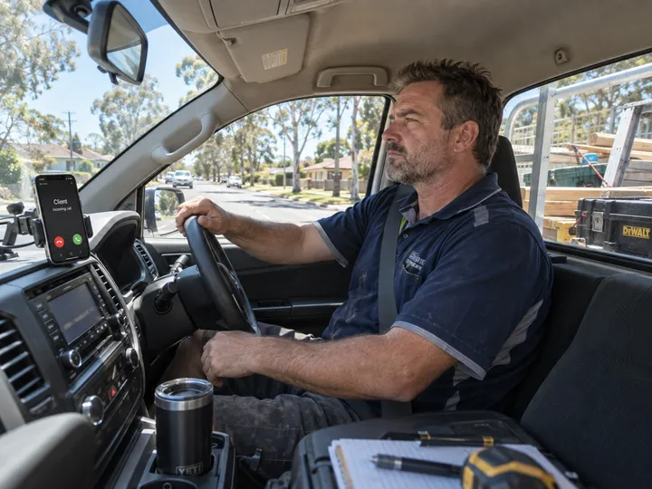 Tradie driving between jobs while AI answers incoming call