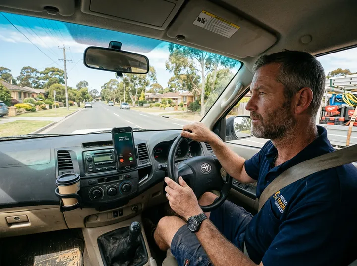 Tradie driving between jobs while AI answers incoming call