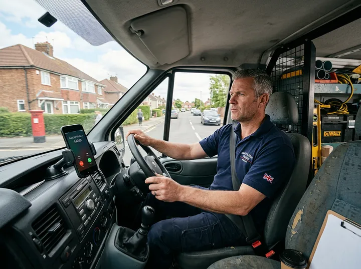 Tradesperson driving between jobs while AI answers incoming call