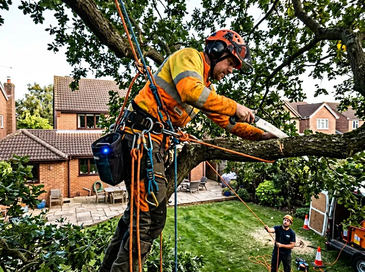 Tree surgeon working at height while AI handles incoming call