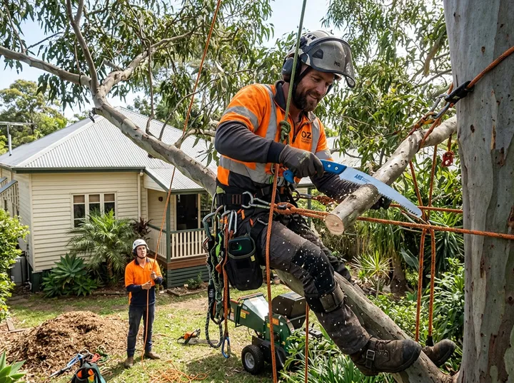 Arborist working at height while AI handles incoming call