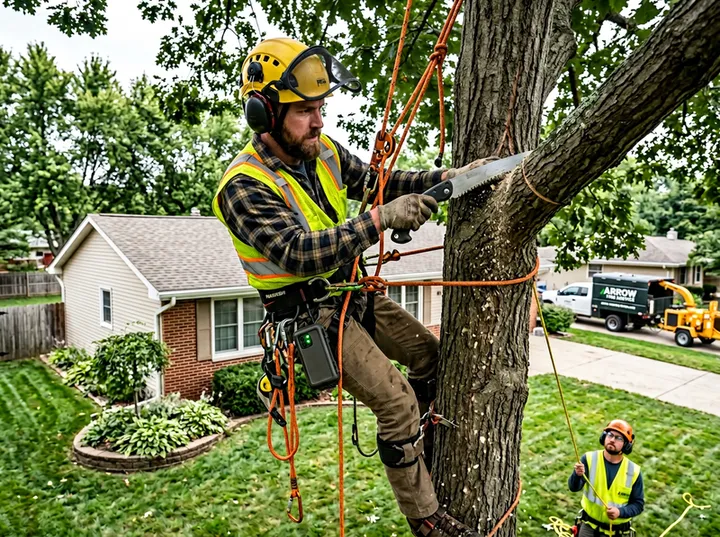 Tree service worker at height while AI handles incoming call