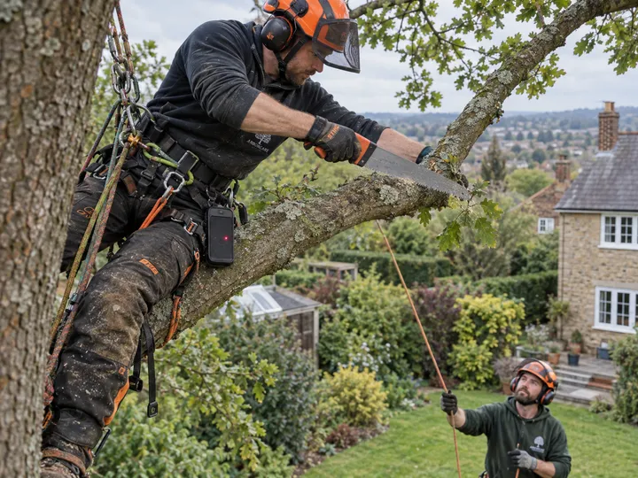 Arborist working at height while AI handles incoming call
