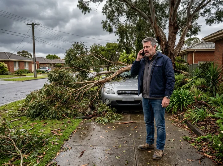 Homeowner calling about storm damage from a fallen gum tree branch
