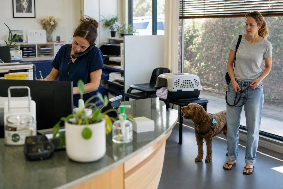 A veterinary nurse at the clinic reception desk while a pet owner waits with their dog.