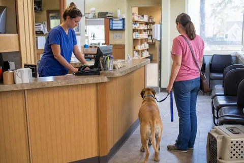 A veterinary nurse at the clinic reception desk while a pet owner waits with their dog.