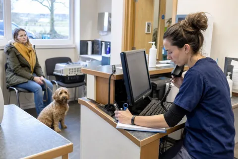 A veterinary nurse at the clinic reception desk while a pet owner waits with their dog.