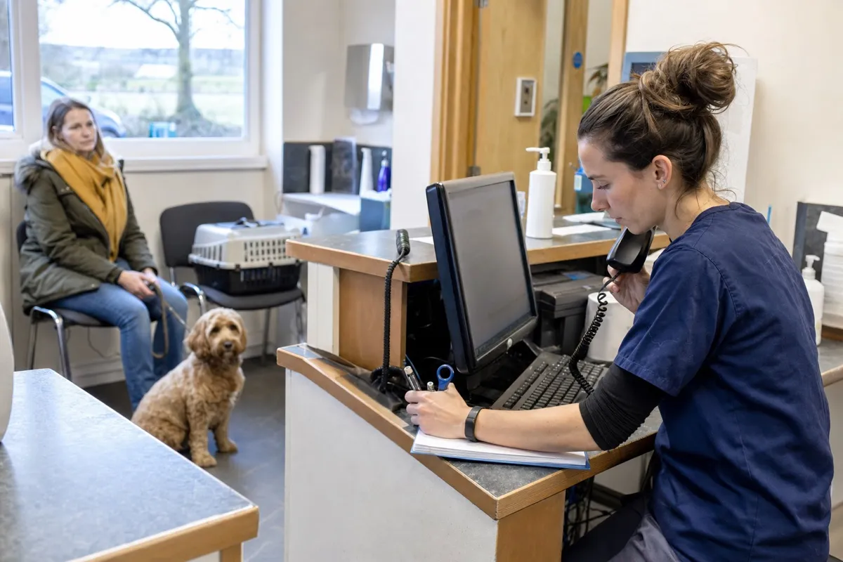 A veterinary nurse at the clinic reception desk while a pet owner waits with their dog.